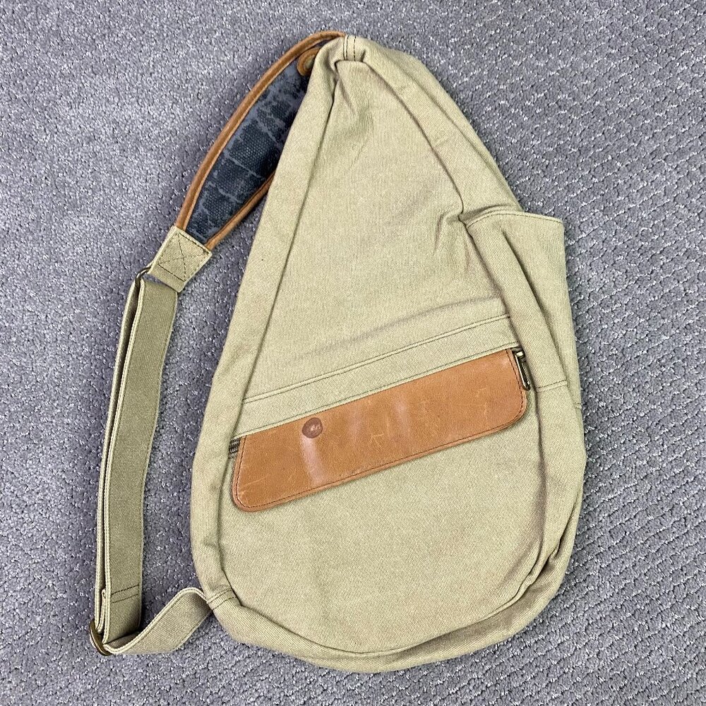 L.L. Bean Olive Canvas Sling Backpack with Brown Leather Trim